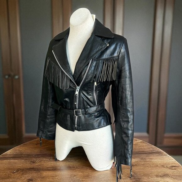 All American Rider Black Leather Fringe Cropped Biker Moto Jacket Size 10 - Picture 1 of 15